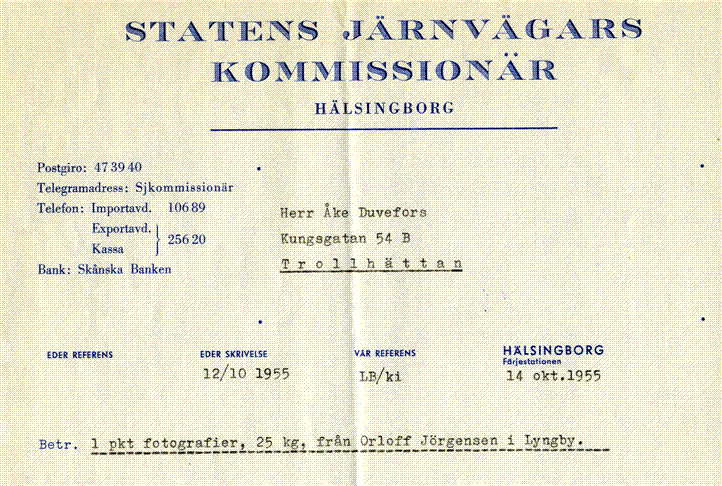 12/10 1955, Herr Åke Duvefors Trollhättan, paket från Orloff Jörgensen i Lyngby